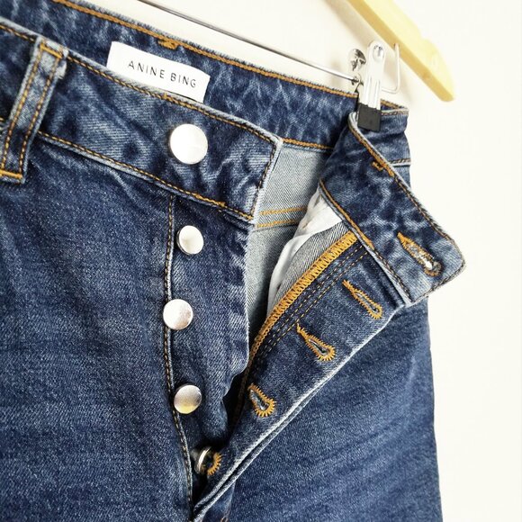 Anine Bing Lara Flared Jeans 27 Mid Indigo Blue High Waist Raw Hem Designer $230 - Picture 11 of 16